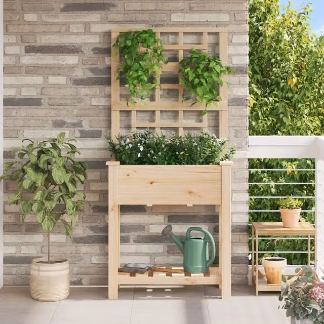 Berkfield Home Garden Planter with Trellis and Shelf in Beige Solid Wood, W/D/H: 71 x 37 x 152 cm