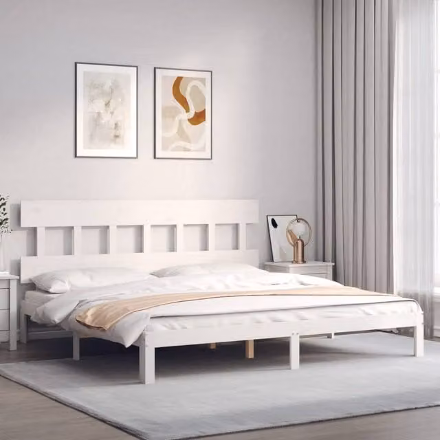 Berkfield Home Beautiful Solid Wood Bed Frame with Headboard in White W/D/H: 200 x 200 x 81 cm – 1