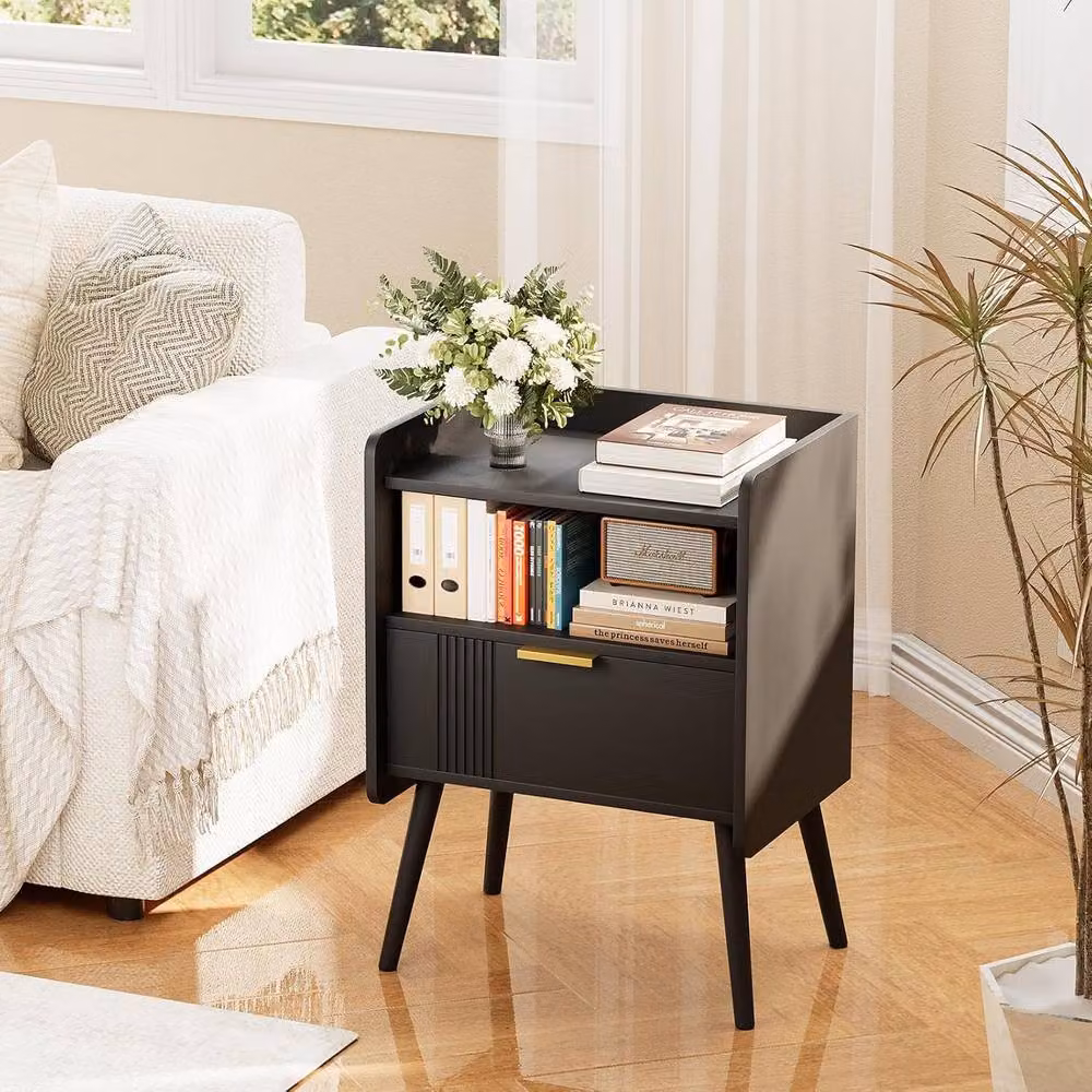 Huhote Stylish Black 2 Tier Bedside Table with Drawers – 3