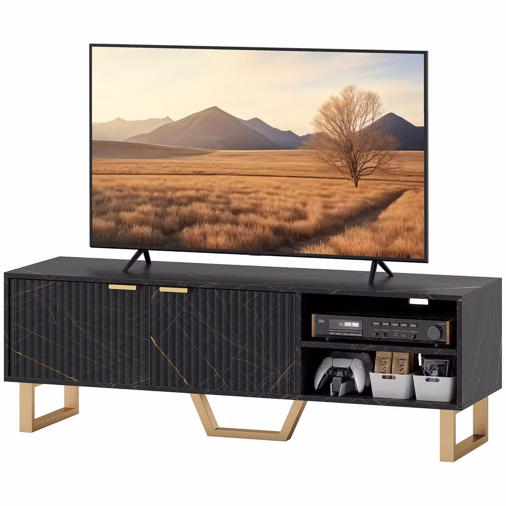 STILVORA Modern TV Stand with 2 Doors and Shelves in Matt Black and Gold Metal – 5