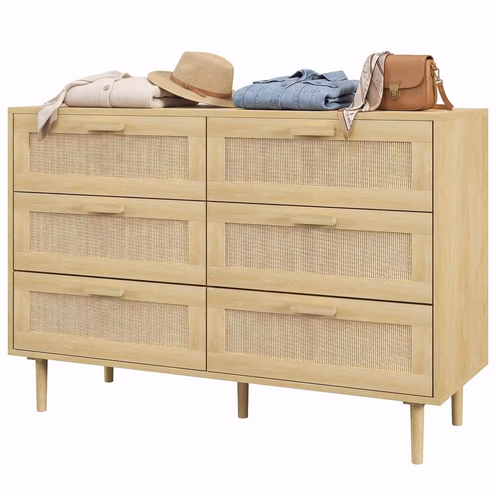 STILVORA Boho Style 6-Drawer Chest of Drawers with Rattan Detail in Brown and Beige – 2