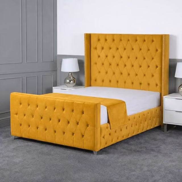 Living Comfort Bedz Executive Luxe Upholstered Velvet Gas Lift Storage Bed with 48 Inch Headboard in Yellow, W/D/H: 90 x 190 cm, Single