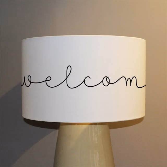 Benjamin Tate Design LTD Text Welcome Designer Ceiling Lamp with White Fabric Cylinder Shade, Diameter: 25 cm