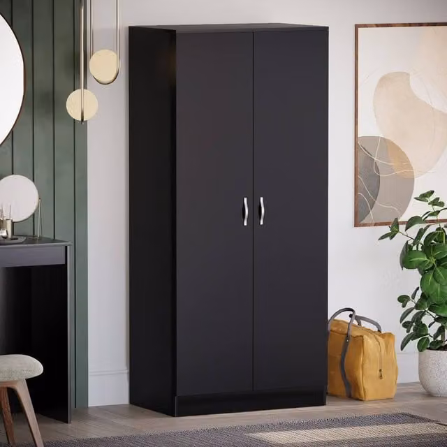 HD Designs 2 Door MDF Wardrobe in Black, H 170 cm x W 76 cm x D 47 cm