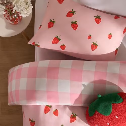 OHS Double Strawberry Print Duvet Cover and Pillowcase Set, Pink and White Gingham Check Microfibre Bedding for Children, Duvet Cover 200 x 200 cm, Pillowcases 50 x 70 cm – 2