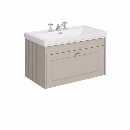 Balterley Wall Hung Single Drawer Vanity Unit with 3 Tap Hole Rectangular Basin in Pebble Grey, W/D/H: 80.0 x 45.3 x 43.1 cm