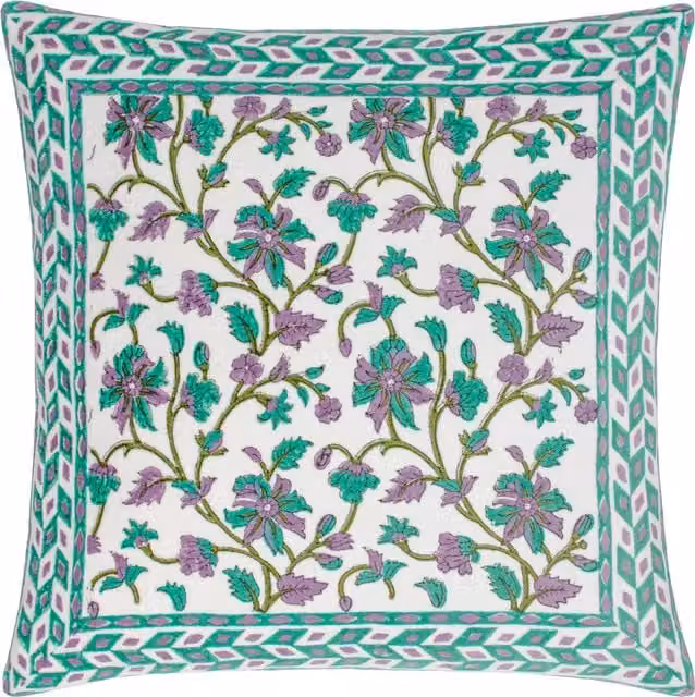 Make it a Home Mentera Floral Velvet Square Cushion in Green, Purple and White