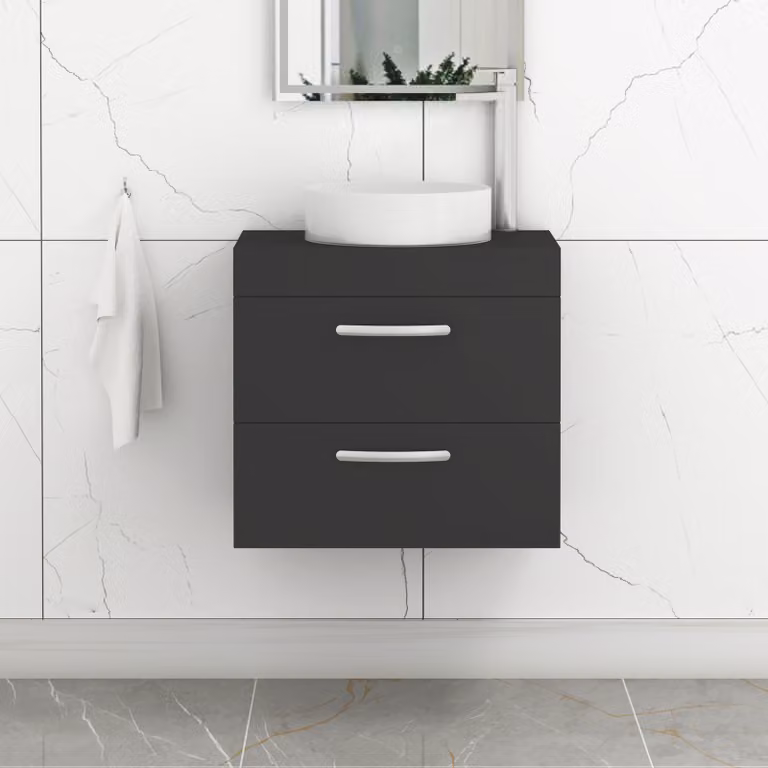 Royal Bathrooms Turin 600mm Wall Hung Vanity Unit with 2 Drawers and Countertop Basin in Matt Black