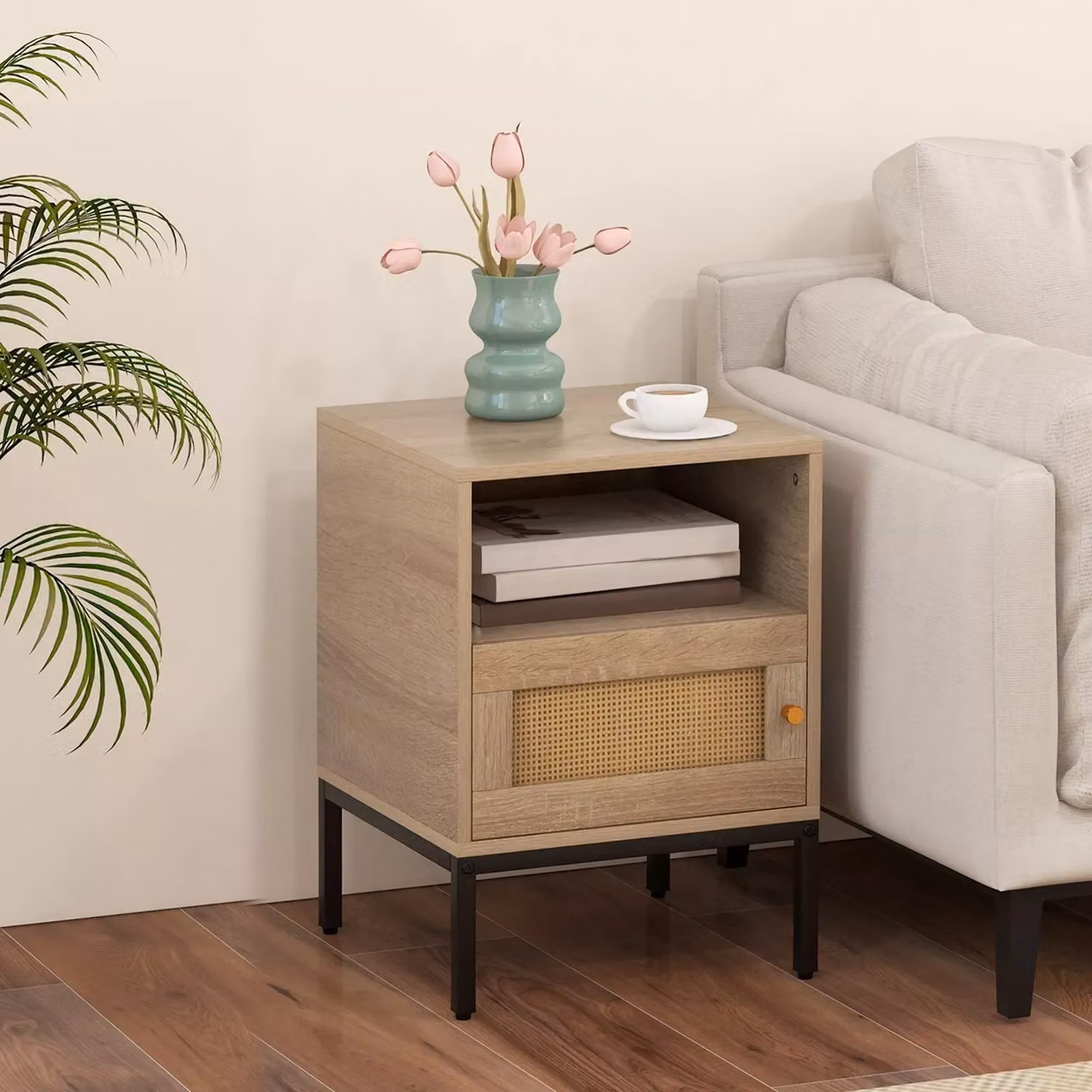 Costway Boho Style Rattan Bedside Table in Beige and Sand – 3