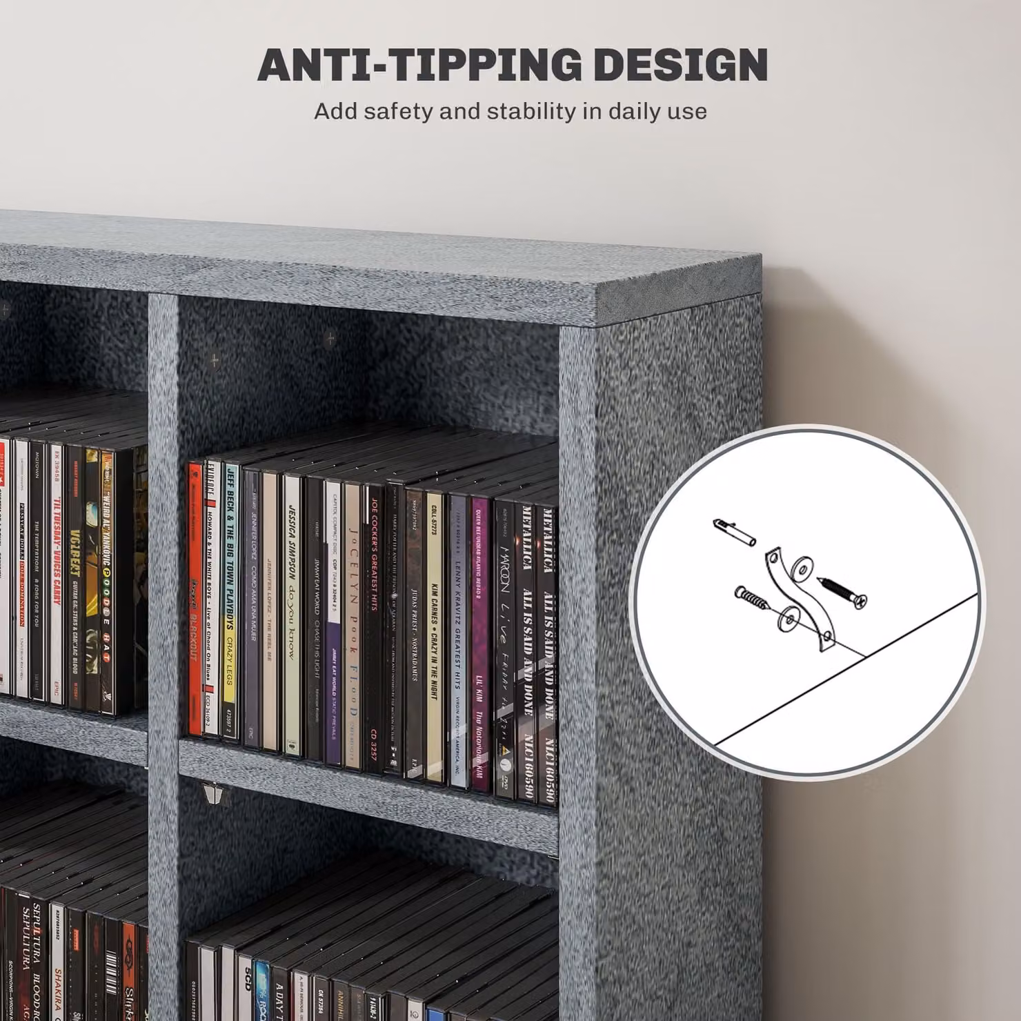 HOMCOM Multi-functional CD and Media Display Shelf with Adjustable Shelves in Cement Grey, W: 89 cm, H: 130.5 cm – 5