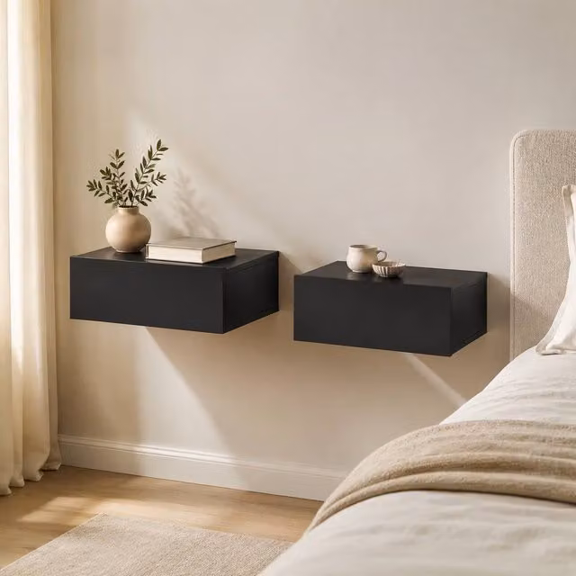 STILVORA Set of 2 Wall Mounted Black Bedside Tables with Drawer