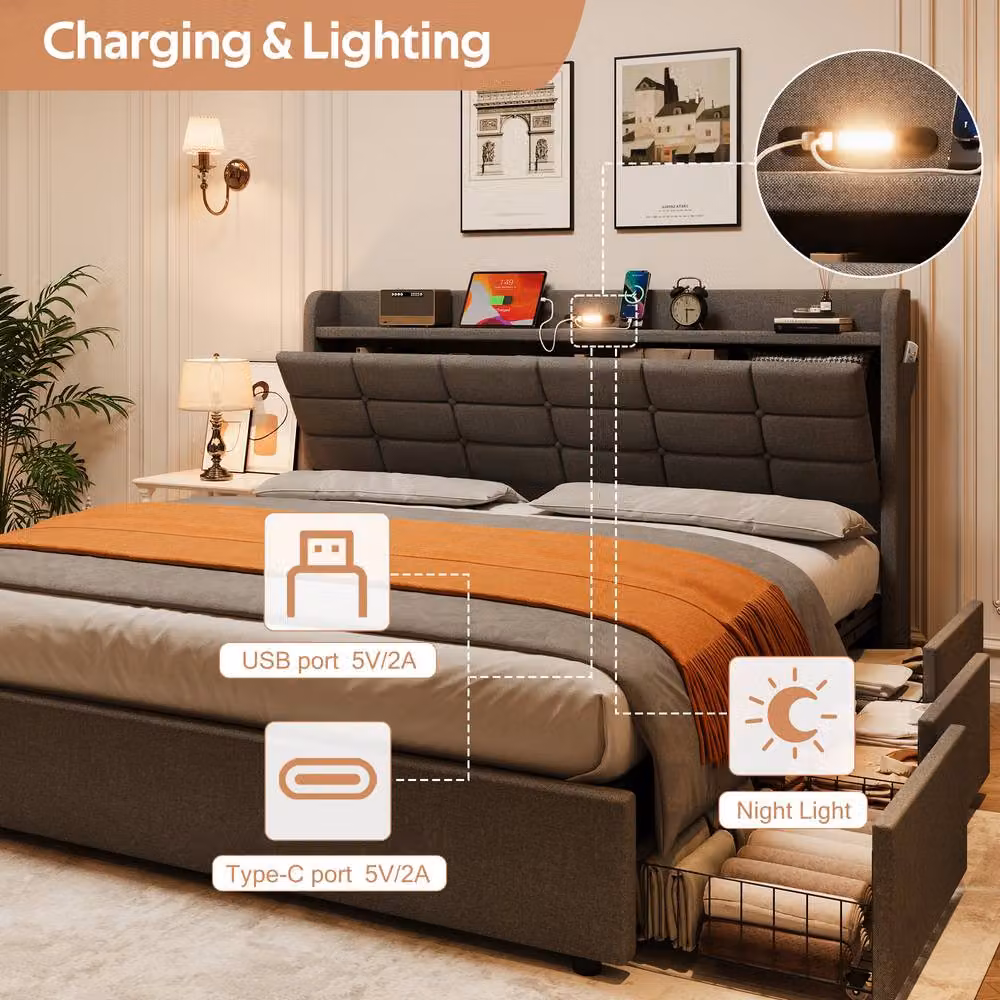 Rolipo Grey Linen Ottoman Bed with LED Under-Bed Lighting and USB Charging Ports, W/D/H: 180 x 200 cm – 6