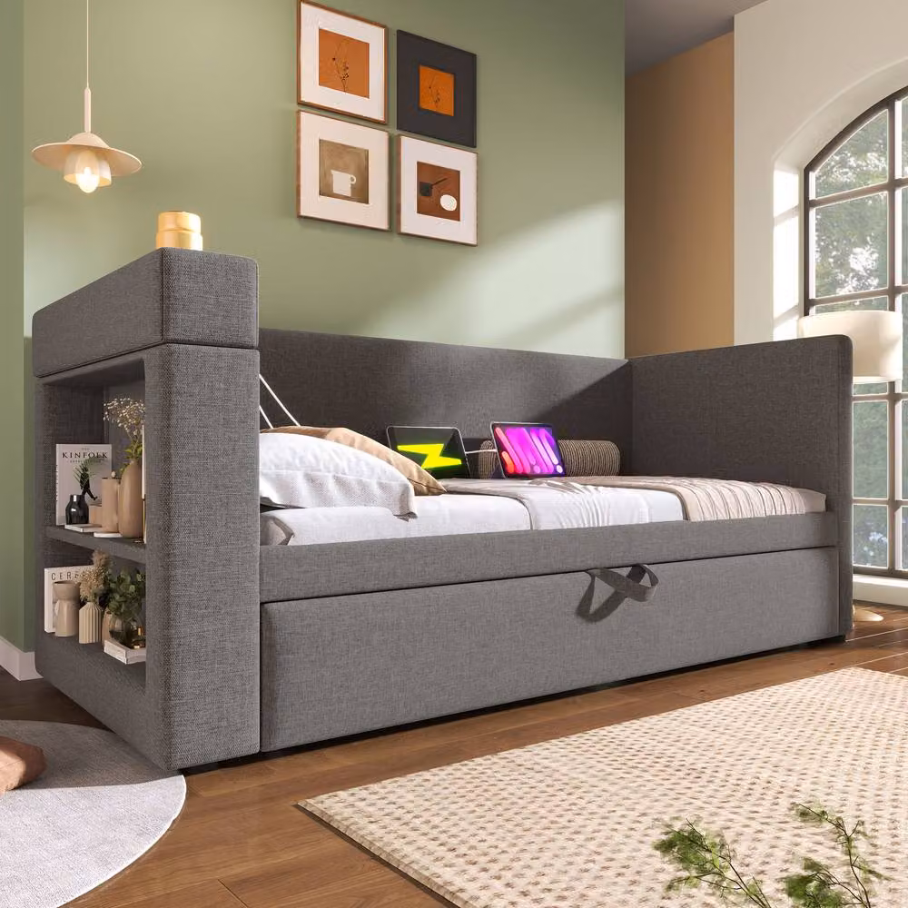 STILVORA Modern Grey Fabric Single Daybed with Trundle, Side Compartments and USB Charging Port, W/D/H: 90 x 190 cm – 2
