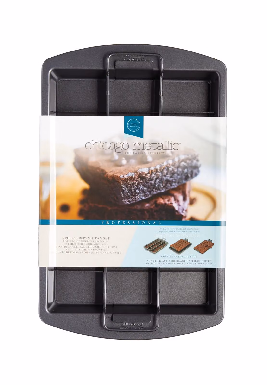Chicago Metallic Non-Stick Three Piece Brownie Pan Set, Grey, W: 33 cm, D: 23 cm, H: 4 cm – 7