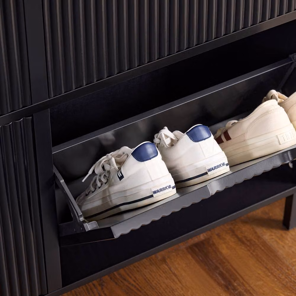 SoBuy Slim Modern Black Matt Shoe Cabinet with Tilting Compartments and Internal Shelves – 4