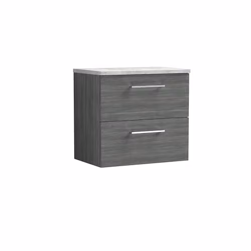 Balterley Wall Hung 2-Drawer Bathroom Vanity Unit with Rectangular Laminated Worktop and Bar Handles in Woodgrain Anthracite, W: 60.5 cm, D: 39.0 cm, H: 56.1 cm – 1