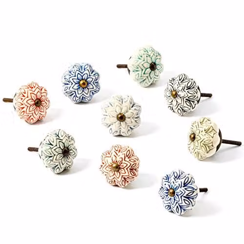 Nicola Spring Multicolour Ceramic Porcelain Cabinet Knobs, Set of 9