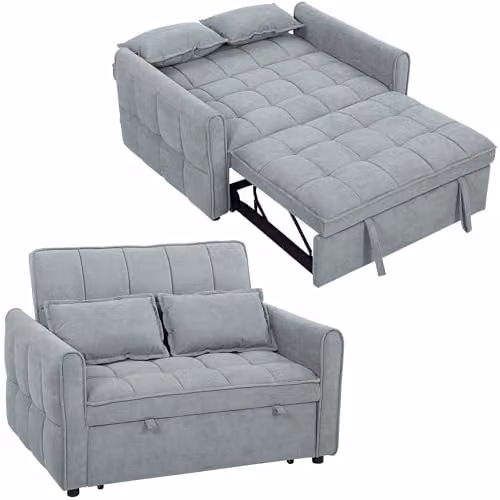 HOMCOM 2 Seater Click Clack Sofa Bed in Grey Velvet Fabric with Sleeping Function and Scatter Cushions – 1