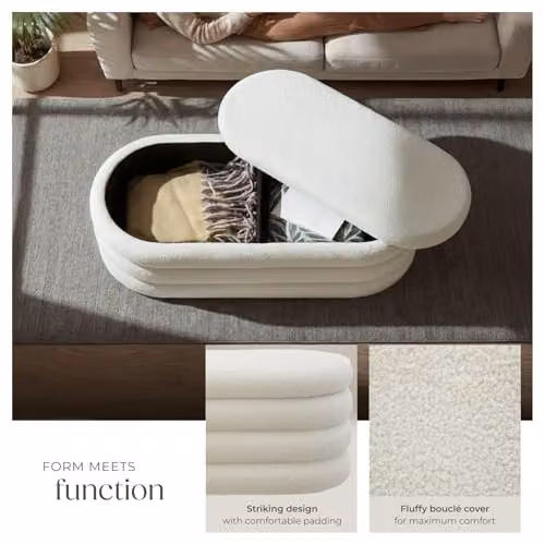 tectake Storage Bench with Bouclé or Velvet Cover, W/D/H: 110 x 45 x 42 cm, Upholstered Ottoman with 150 kg Load and Removable Top Pad in Beige or White – 3