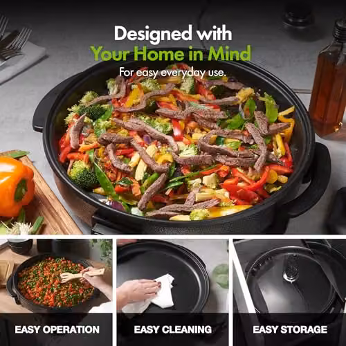 VonShef 6L Electric Frying Pan with Glass Lid, Black, 42cm Diameter, 1500W – 7