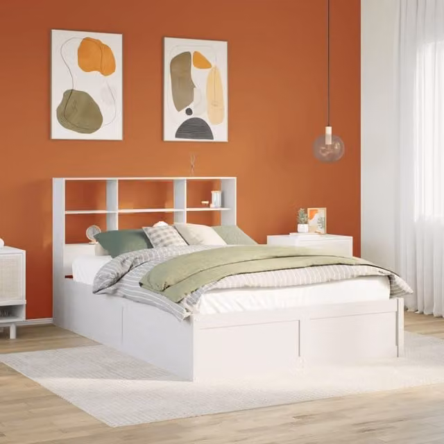Berkfield Home White Solid Wood Pine Bed Frame with Side Compartments W/D/H: 160 x 200 cm