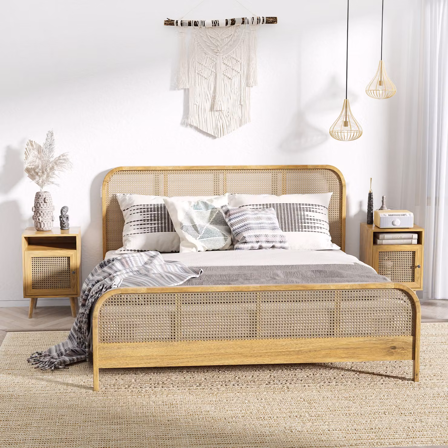 HOMCOM Set of 2 Bedside Tables with Rattan Element and Cupboard in Beige, W/D/H: 39 x 35 x 60 cm – 2