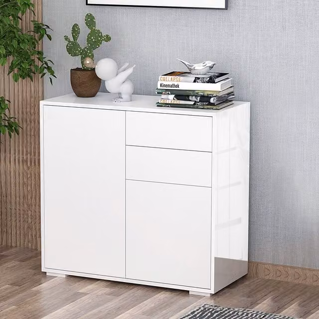 HOMCOM Glossy White Push-Open Side Cabinet with 2 Drawers and 2 Doors – 2