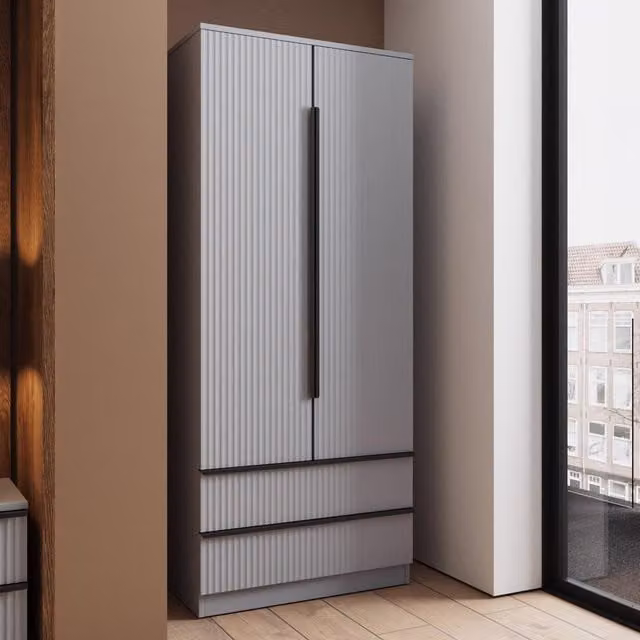 FWStyle Matt Grey 2 Door Combi Wardrobe with Ripple Design and Soft Close Doors