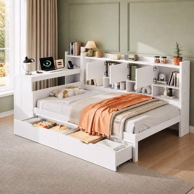 STILVORA Modern Single Bed Frame with Drawers and USB Charging Port, White, W/D/H: 90 x 190 x 75 cm – 1