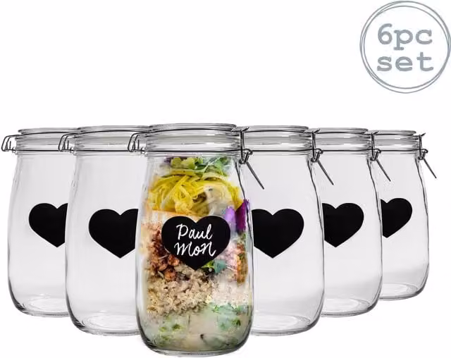 Nicola Spring Pack of 6 Airtight and Leakproof Glass Storage Jars with Labels, 1.5 l, Transparent and Yellow