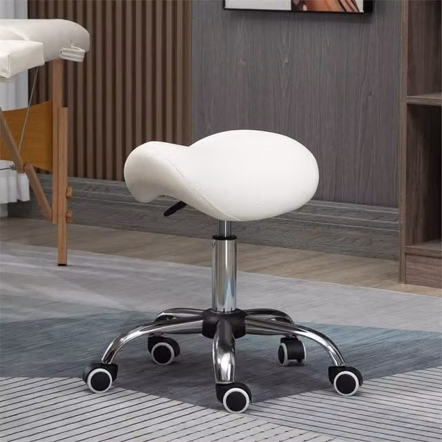 EONLION Beige and White Synthetic Leather Hydraulic Rolling Saddle Stool with Castors – 1