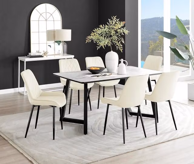 FurnitureboxUK Carson White Marble Effect Dining Table and 6 Pesaro Black Leg Chairs in Cream – 1