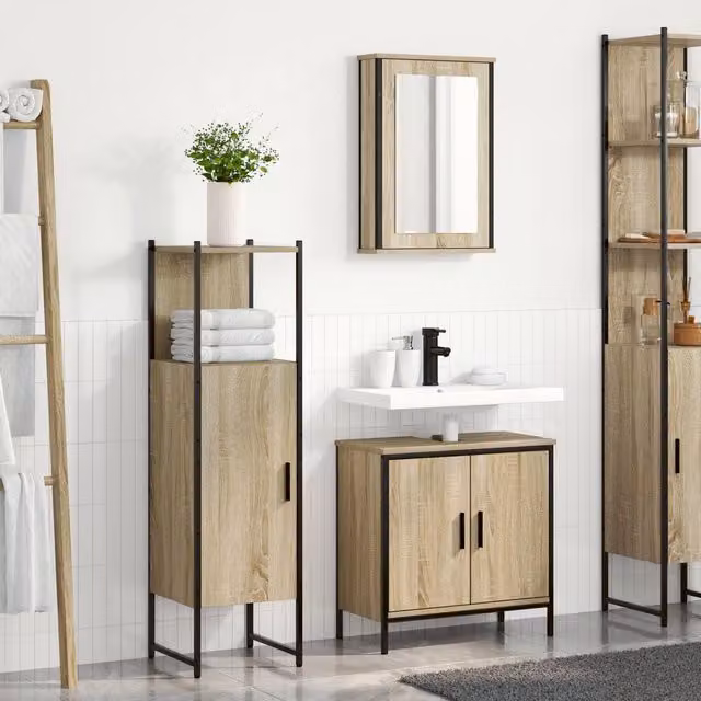 Berkfield Home 3 Piece Modern Bathroom Furniture Set in Brown Sonoma Oak Engineered Wood – 1