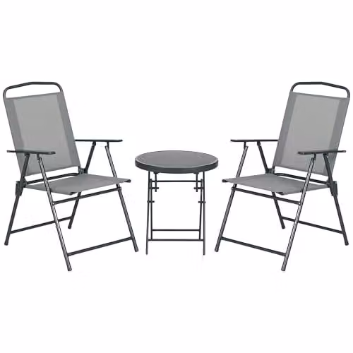 Outsunny 3-Piece Foldable Garden Bistro Set with Round Glass Table and Chairs in Grey