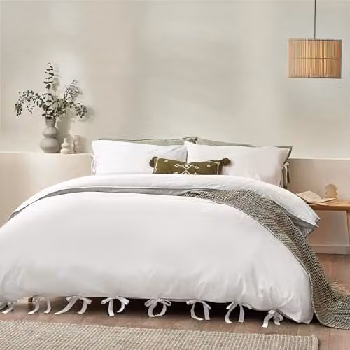 Riva Home Yard Mallow Bow Tie 100% Cotton Percale Duvet Cover Set in White, 90 x 200 cm