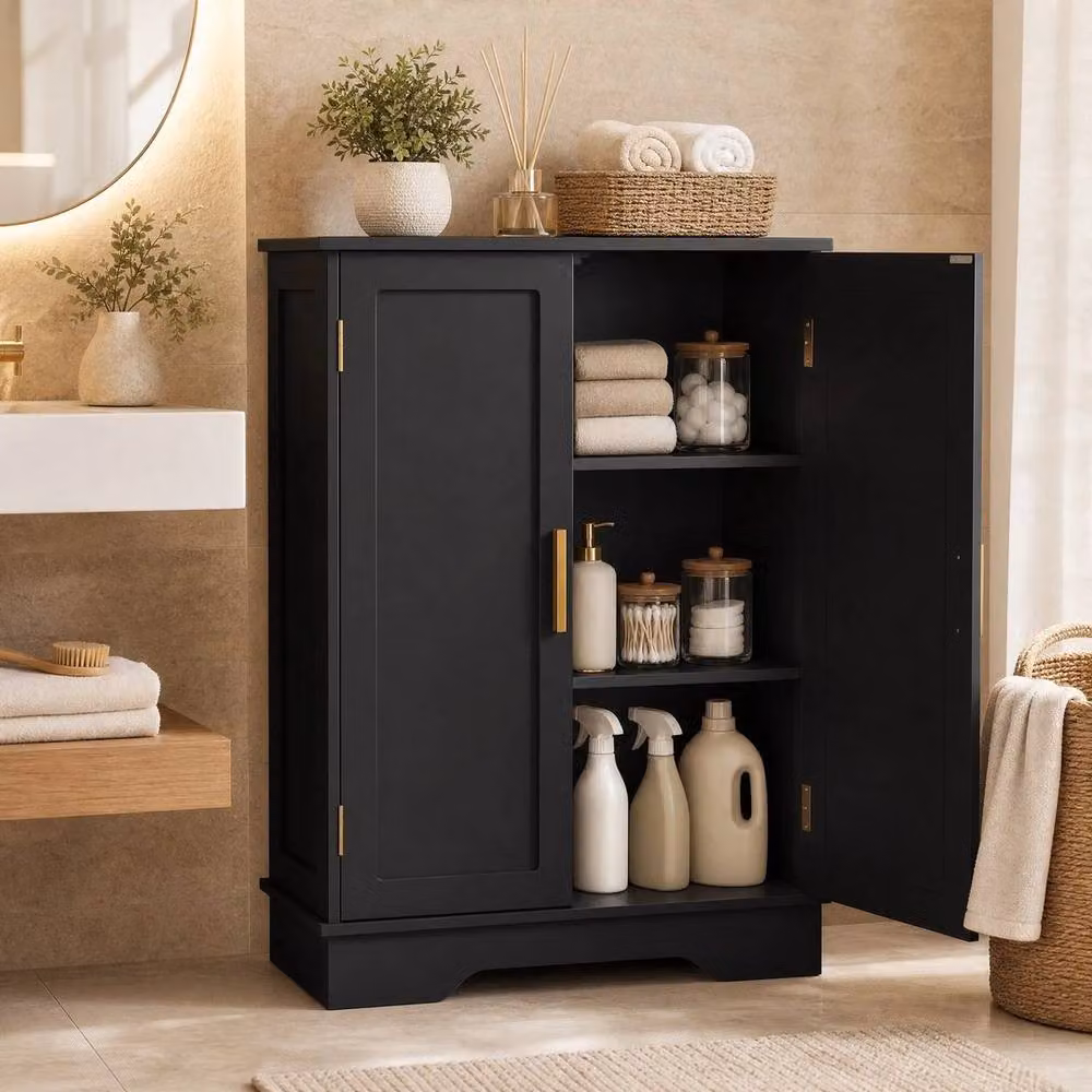 PAWNORA Modern Freestanding Double-door Floor Cabinet in Black and Gold for Bathroom or Living Room, W: 100 cm, D: 15 cm – 4