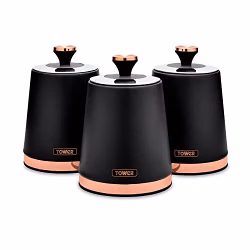 Tower Cavaletto Set of 3 Airtight Stainless Steel Storage Canisters for Coffee, Tea and Sugar in Black and Gold – 1