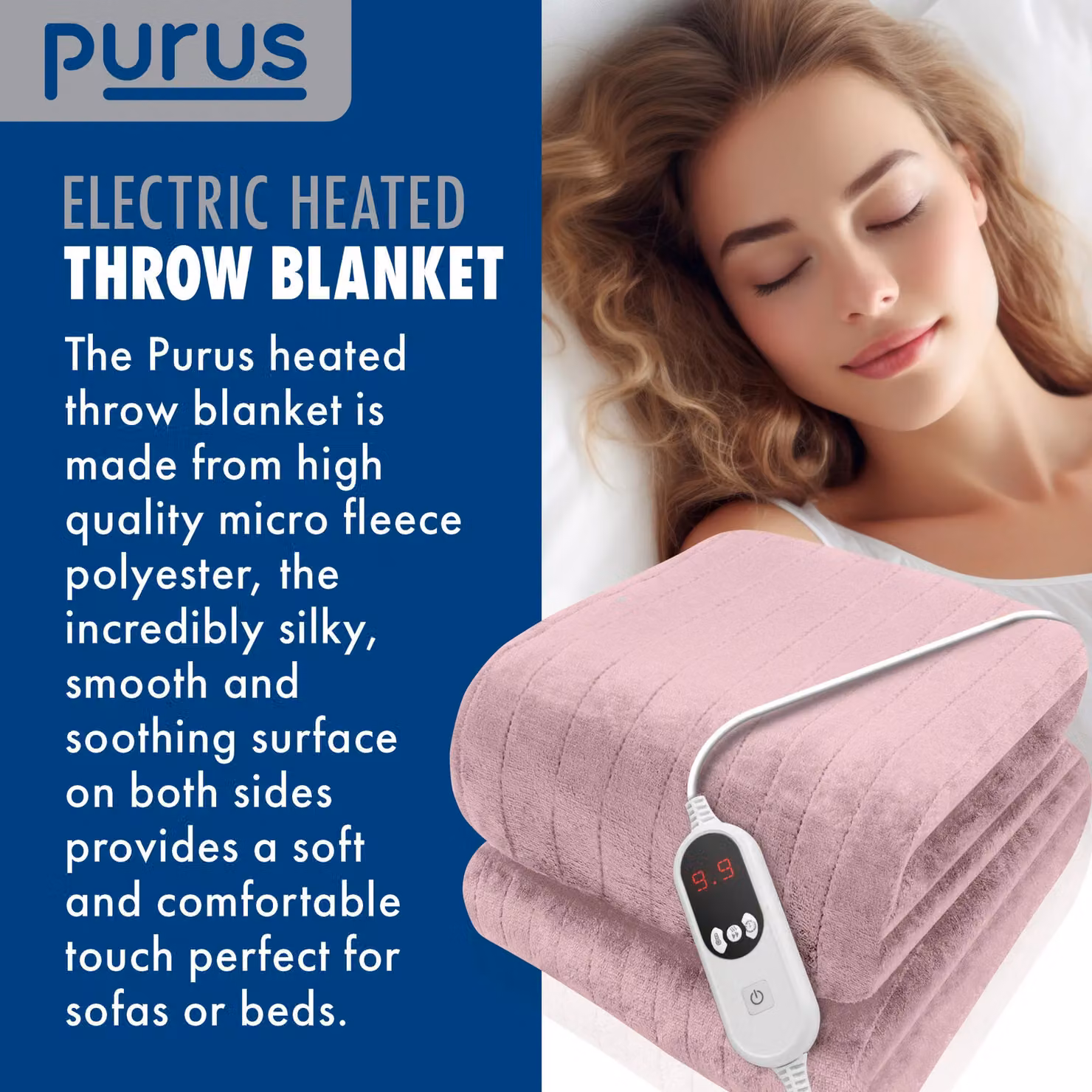 Purus Deluxe Pink XL Electric Heated Throw Blanket with Soft Fleece, Variable Heat and Timer Settings – 5