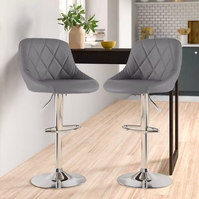 Set of Two Neo Madrid Adjustable Swivel Barstools in Dark Grey Faux Leather with Chrome Metal Accents