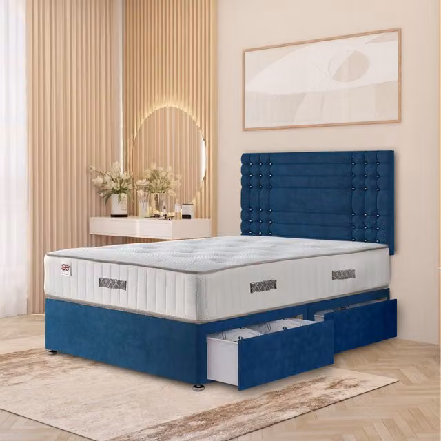 Somnior Beds Ltd Saville King Size Plush Velvet Divan Bed Set with 32 inch Headboard, Orthopaedic Mattress and 4 Drawers, Blue, W/D/H: 180 x 200 cm