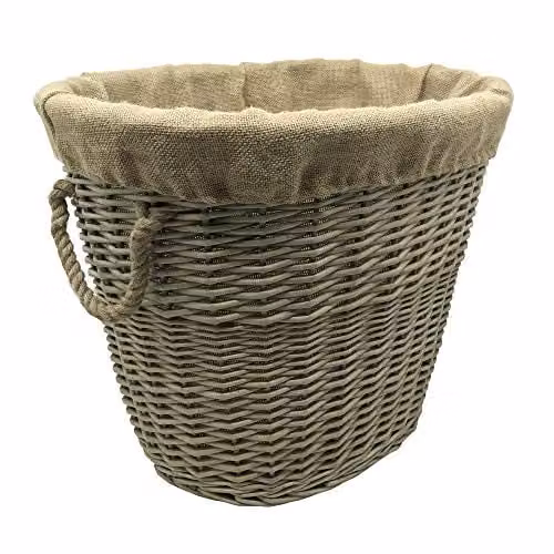 JVL Antiques Wash Oval Log Basket with Canvas Lining and Rope Handles