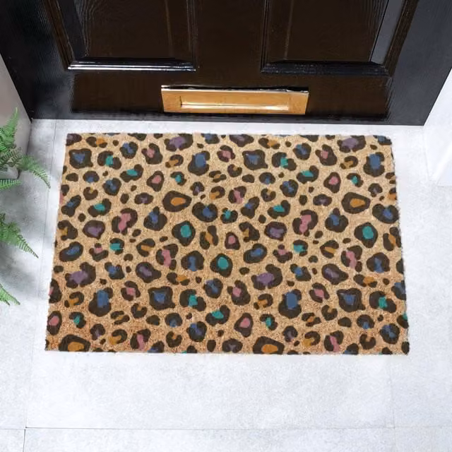 Artsy Mats Multi Colour Leopard Print Doormat in Brown, W/D: 60 x 40 cm