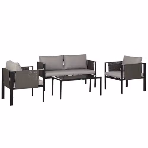 Outsunny 4 Piece Modern Garden Furniture Set in Grey with Powder Coated Steel Frame, Textilene Fabric, Upholstered Cushions and Glass Coffee Table – 1