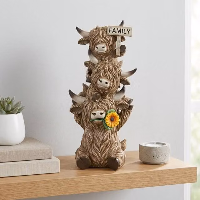 Garden Greatness Trio Stacked Highland Cow Family Ornament, Brown and Multicolour Ceramic Rustic Tabletop Decor, H 32.5 cm x W 15 cm x D 32.5 cm
