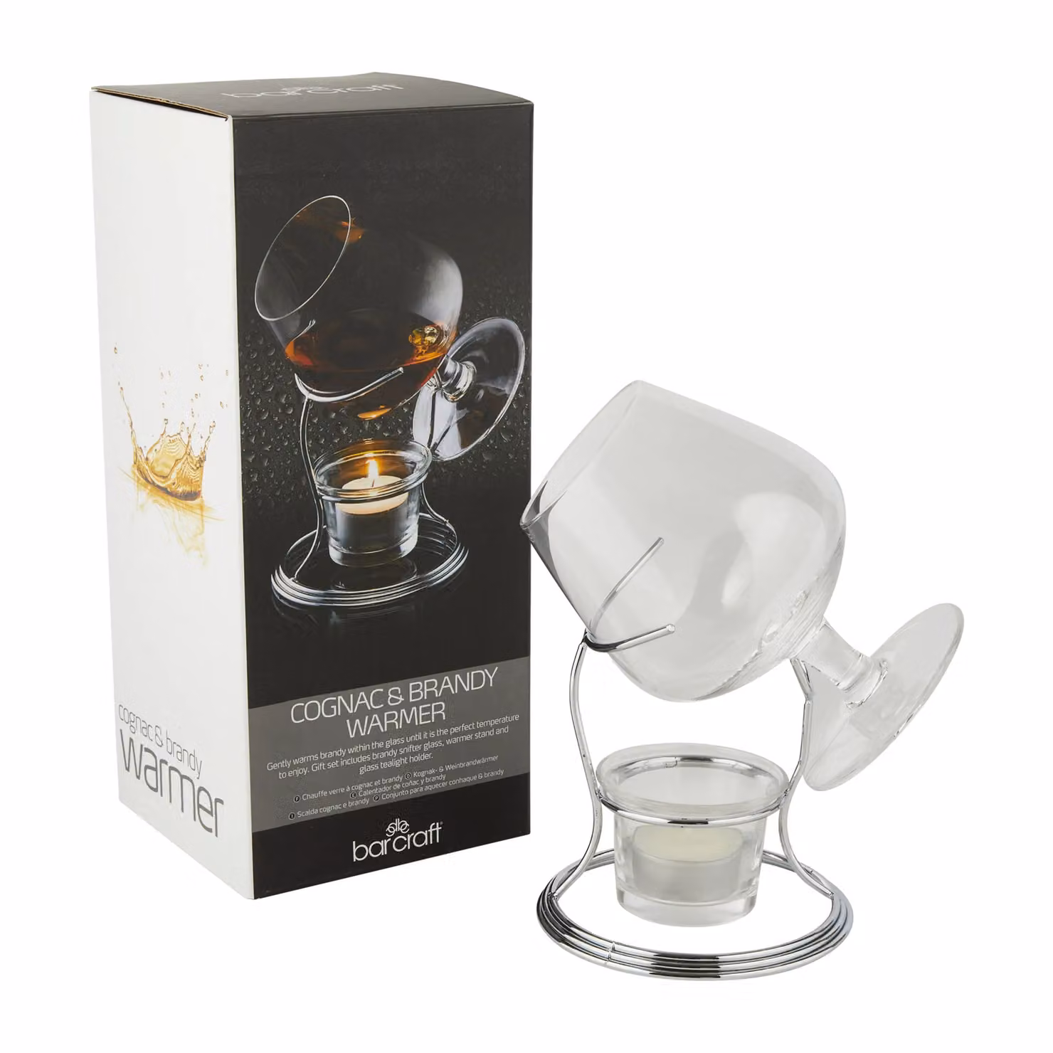 BarCraft Brandy and Cognac Warmer Gift Set in Silver and Transparent Glass – 10