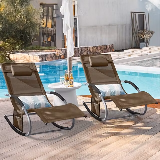 SoBuy Set of 2 Brown Outdoor Garden Rocking Sun Lounger Recliners with Adjustable Headrests and Armrests