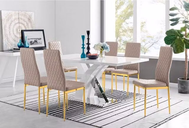 FurnitureboxUK Atlanta 6 White Dining Table and 6 Gold Leg Milan Chairs in Cappuccino