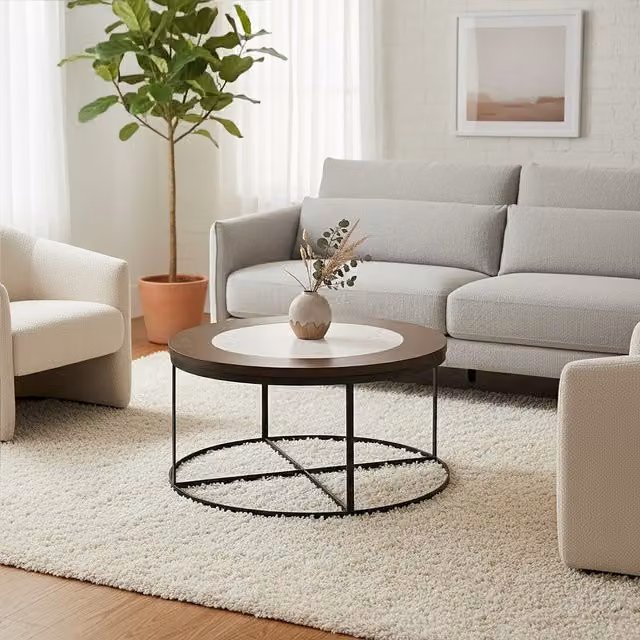 Interiors by Premier Modern Round Marble and Wood Coffee Table with Black Iron Base