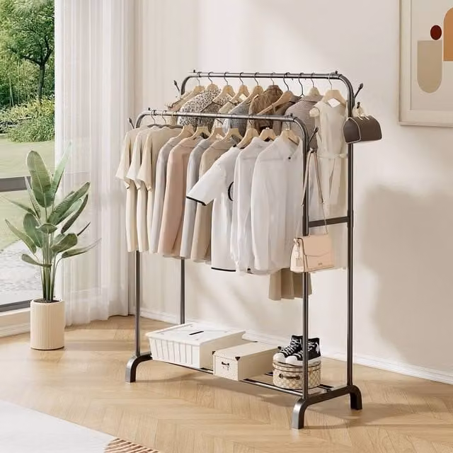 FORGEVIO Heavy Duty Double Clothes Rail Hanging Rack in Matt Black Metal – 1
