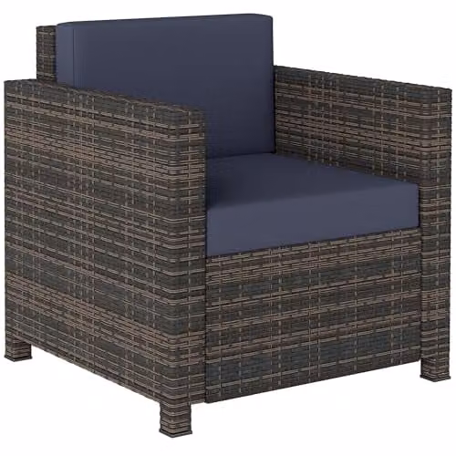Outsunny Rattan Garden Armchair with Cushions, Brown and Navy Blue – 1